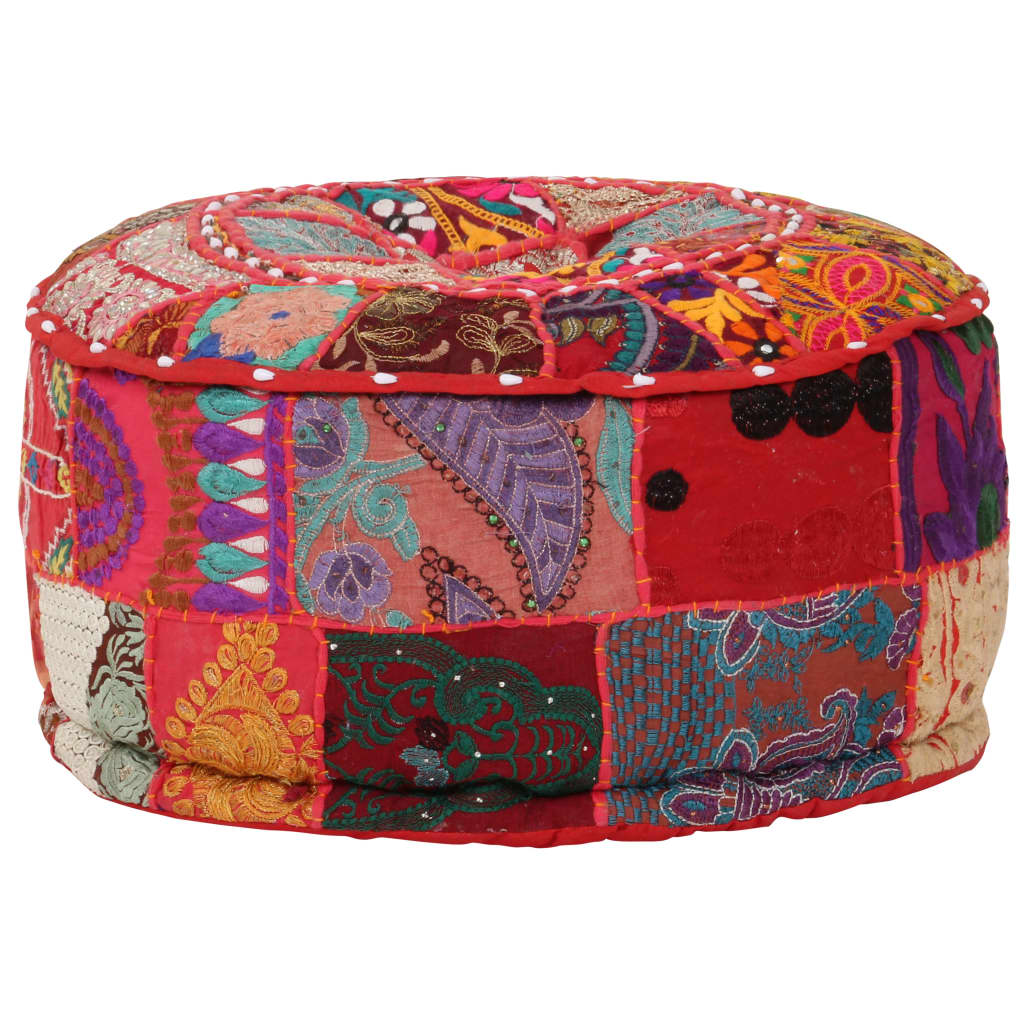 Patchwork Sitzpouf Rund Baumwolle Handgefertigt 40x20 cm Rot