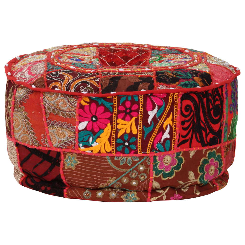 Patchwork Sitzpouf Rund Baumwolle Handgefertigt 40x20 cm Rot