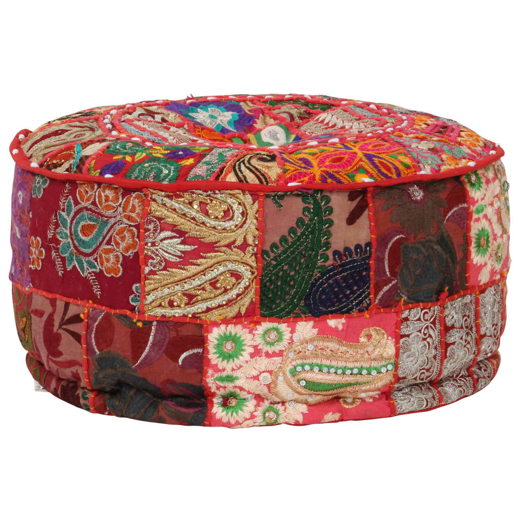 Patchwork Sitzpouf Rund Baumwolle Handgefertigt 40x20 cm Rot