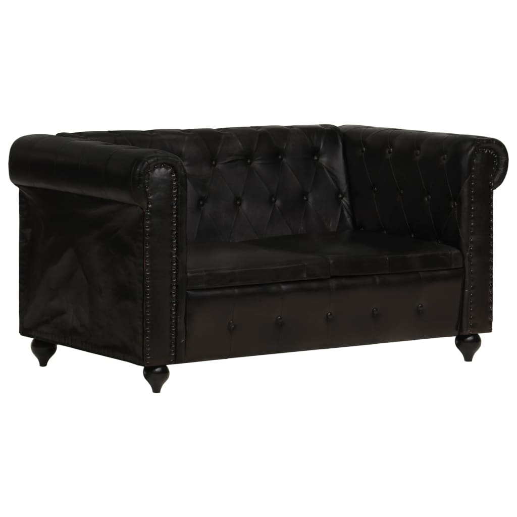 Chesterfield-Sofa 2-Sitzer Schwarz Echtleder