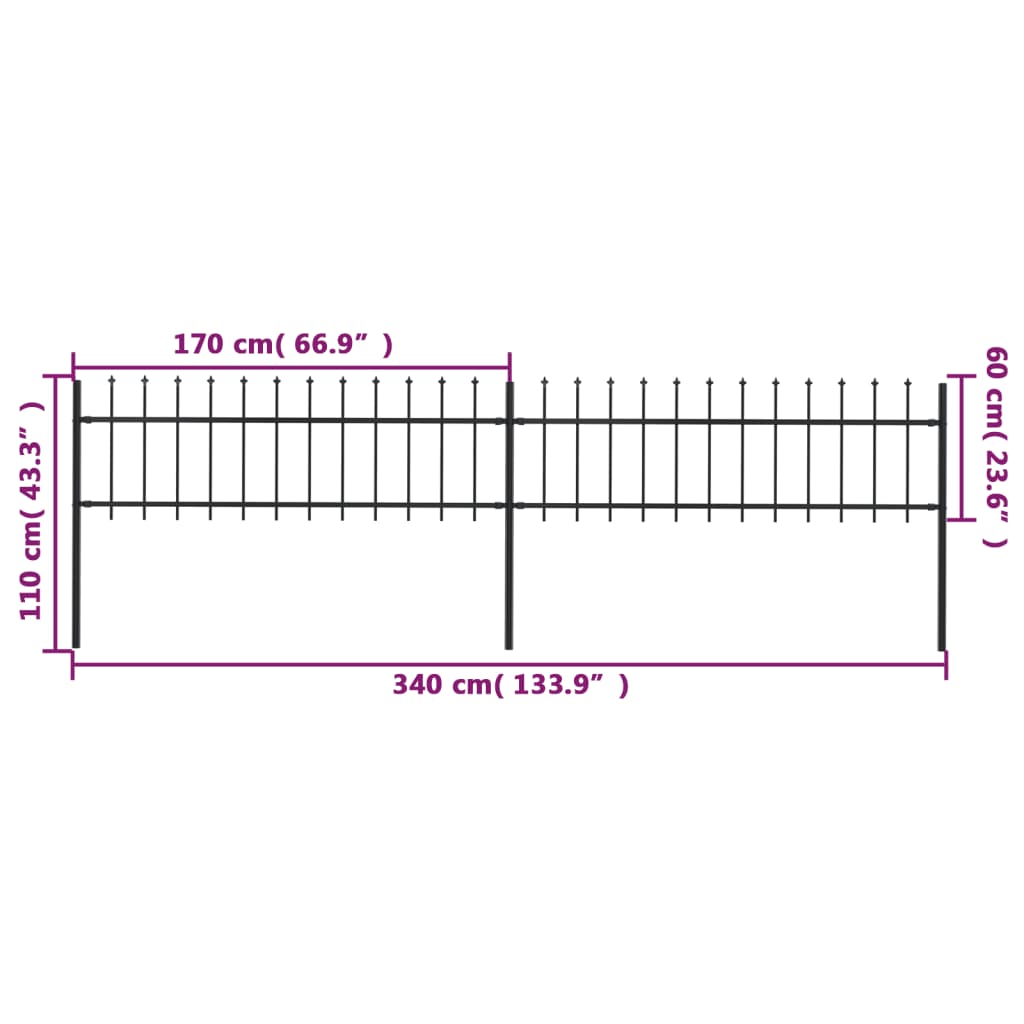 Gartenzaun mit Speerspitzen Stahl 3,4 x 0,6 m Schwarz