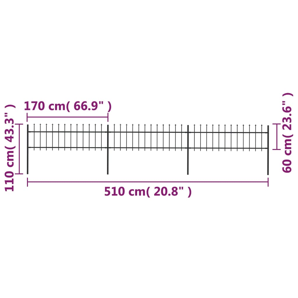 Gartenzaun mit Speerspitzen Stahl 5,1 x 0,6 m Schwarz