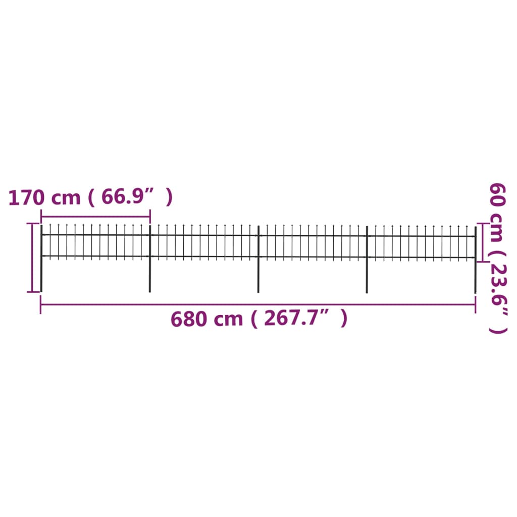 Gartenzaun mit Speerspitzen Stahl 6,8 x 0,6 m Schwarz