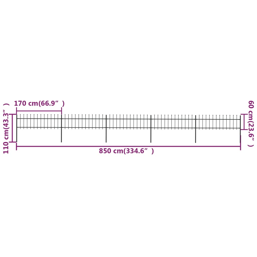 Gartenzaun mit Speerspitzen Stahl 8,5 x 0,6 m Schwarz