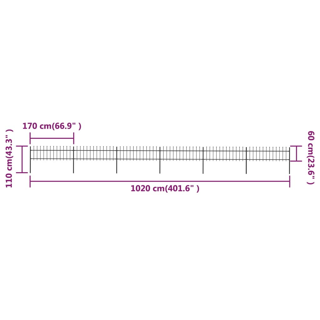 Gartenzaun mit Speerspitzen Stahl 10,2 x 0,6 m Schwarz