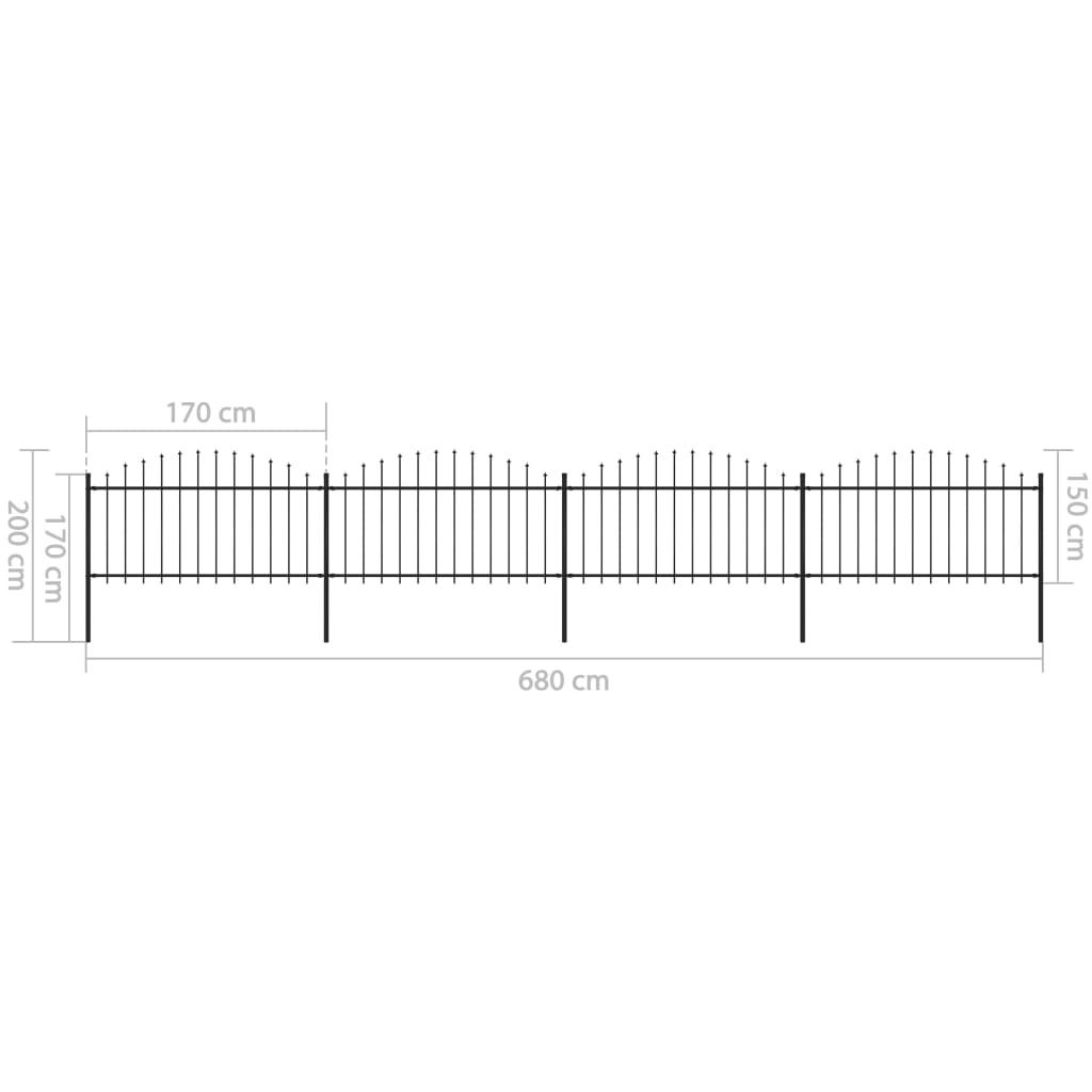 Gartenzaun mit Speerspitzen Stahl (1,25 - 1,5) x 6,8 m Schwarz