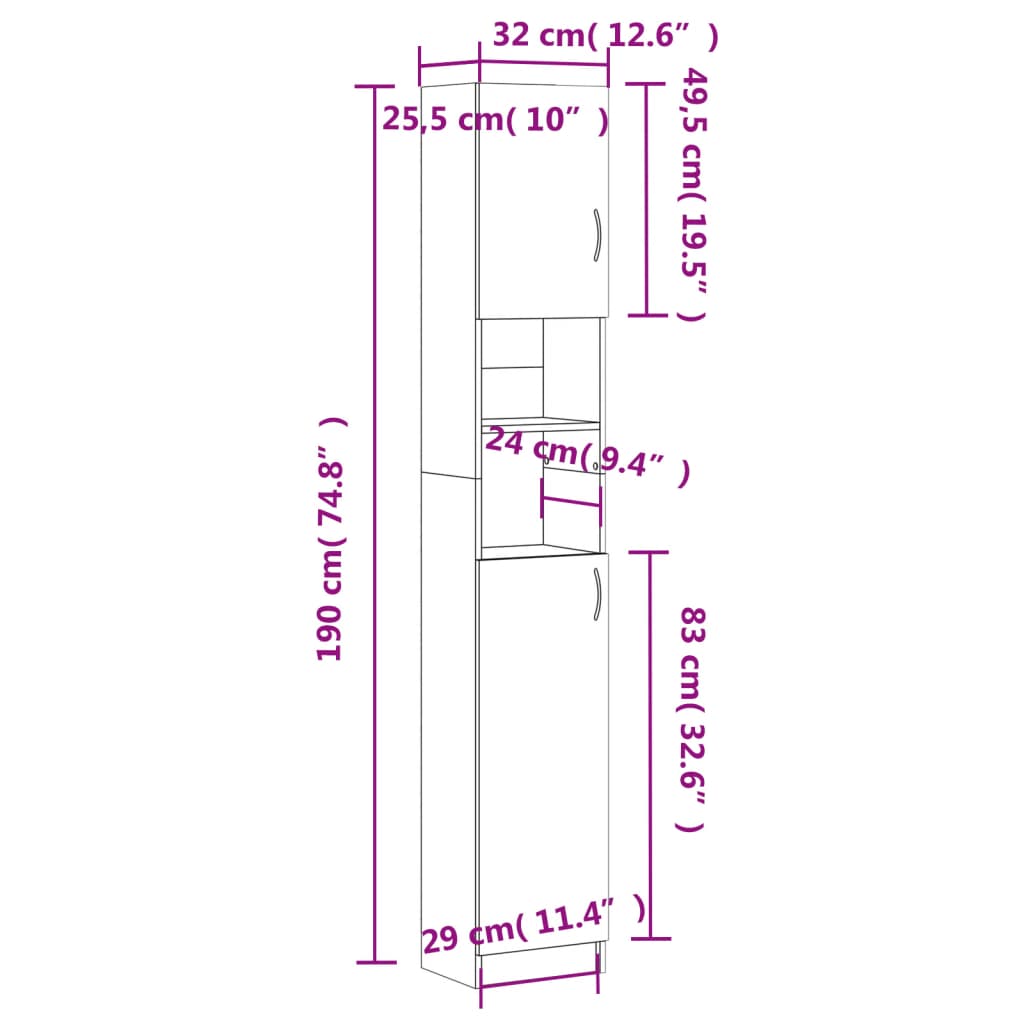 Badezimmerschrank Sonoma-Eiche 32x25,5x190 cm Holzwerkstoff