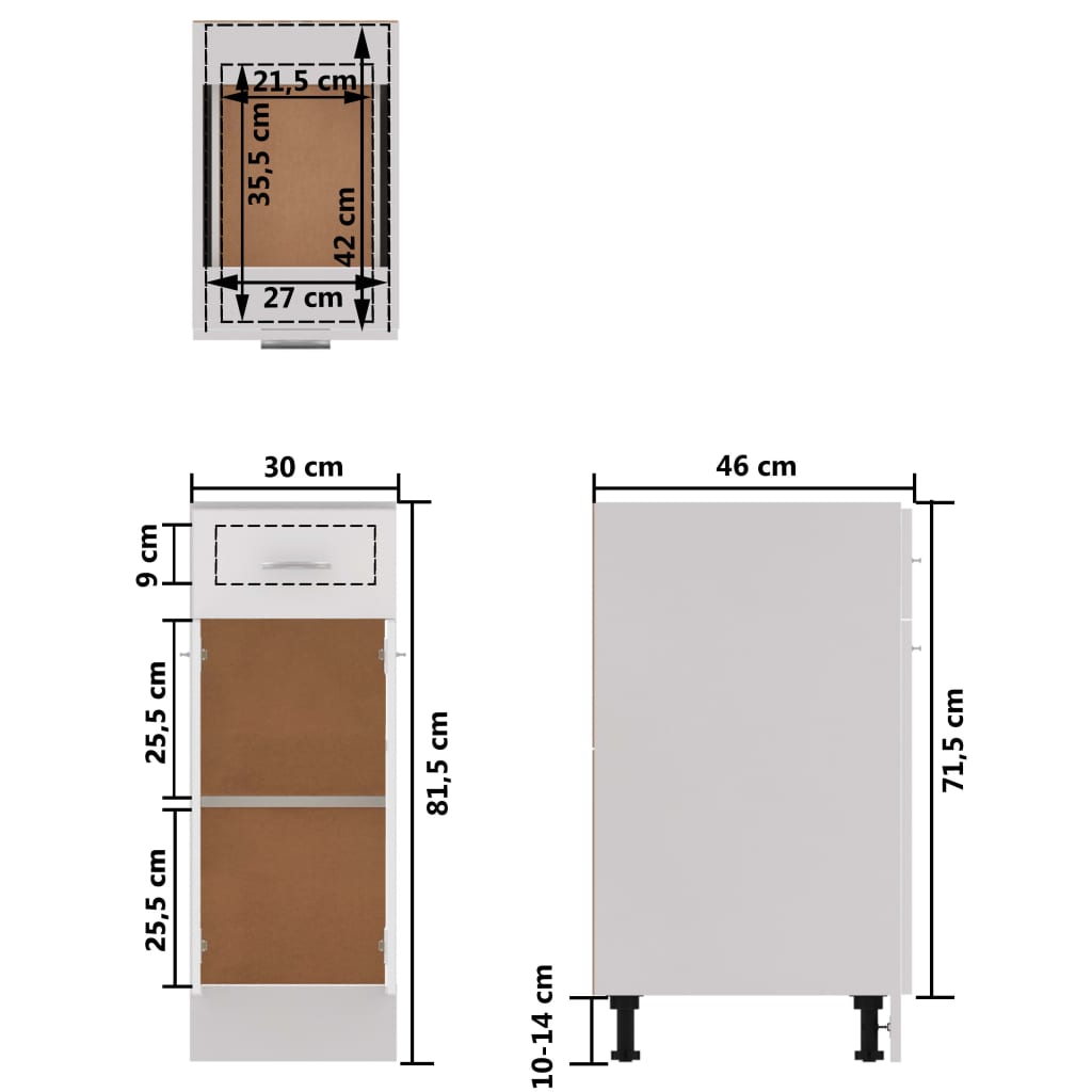 Schubunterschrank Hochglanz-Weiß 30x46x81,5 cm Holzwerkstoff