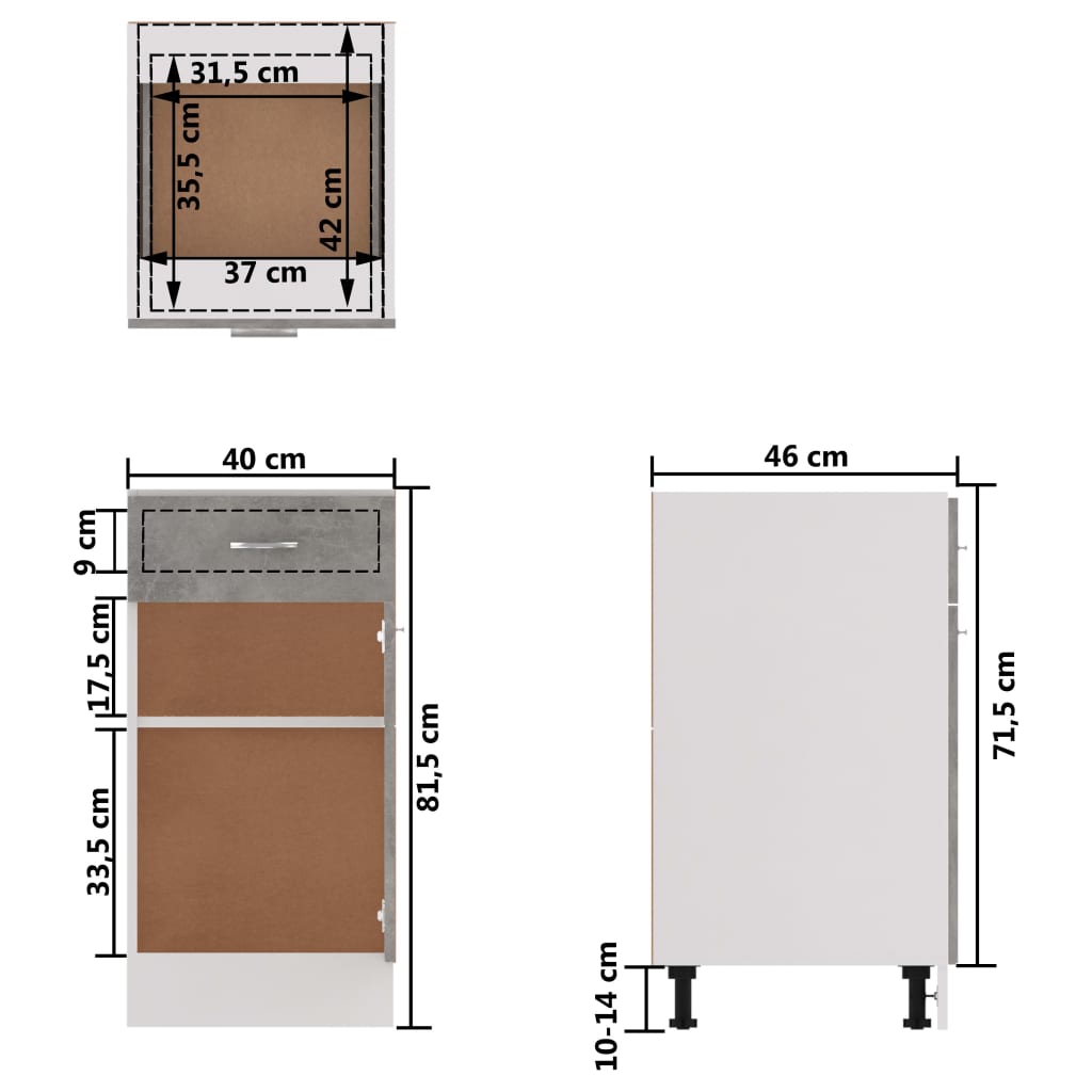 Schubunterschrank Betongrau 40x46x81,5 cm Holzwerkstoff