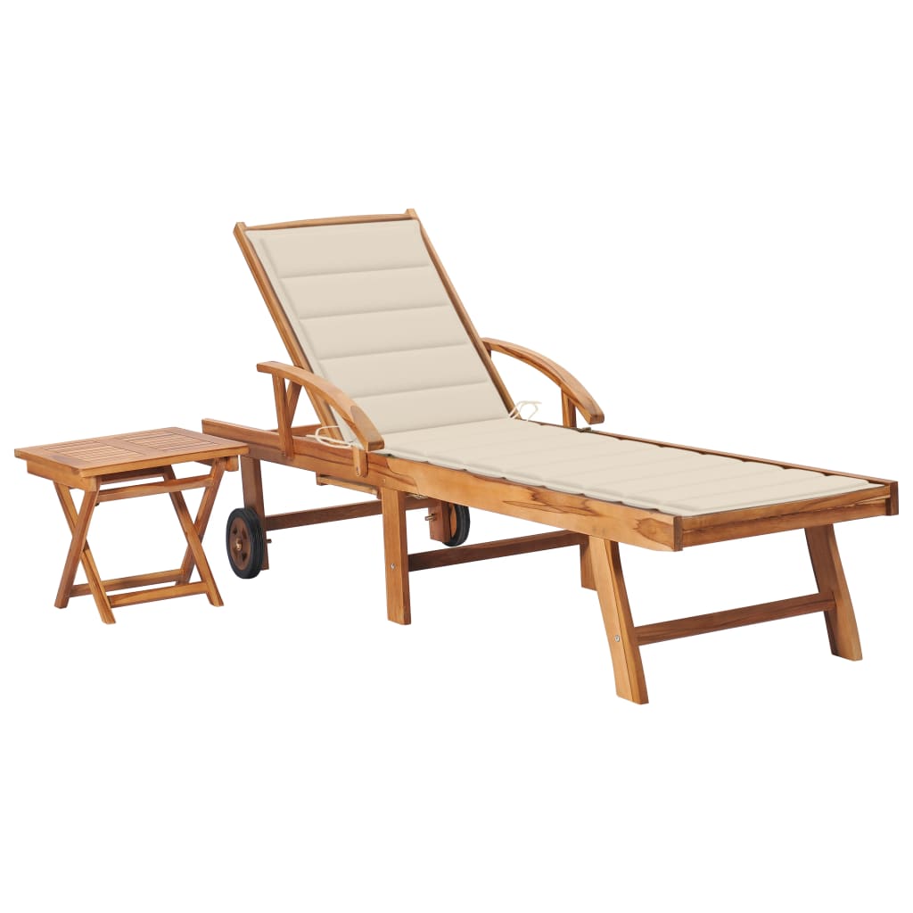 Sonnenliege mit Tisch und Auflage Massivholz Teak