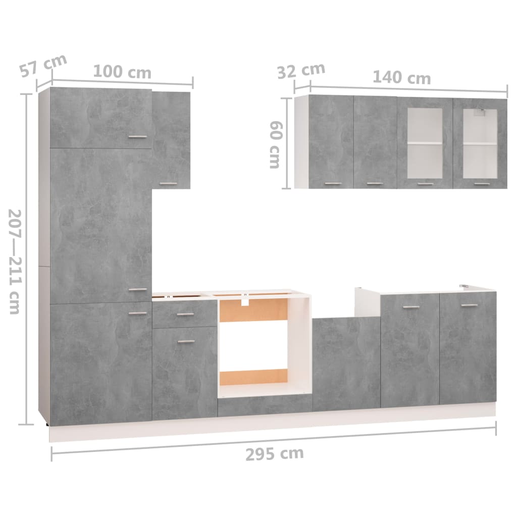 8-tlg. Küchenzeile Betongrau Holzwerkstoff