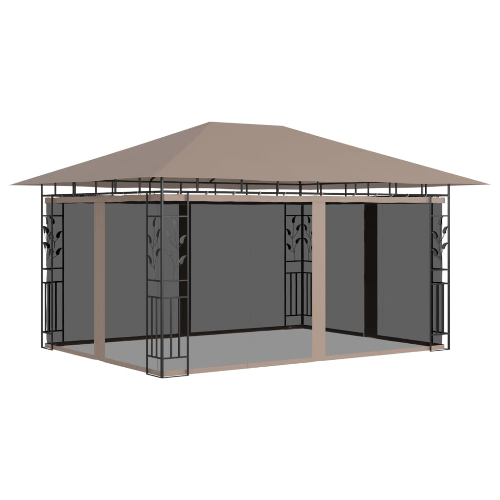 Pavillon mit Moskitonetz & LED-Lichterkette 4x3x2,73 m Taupe