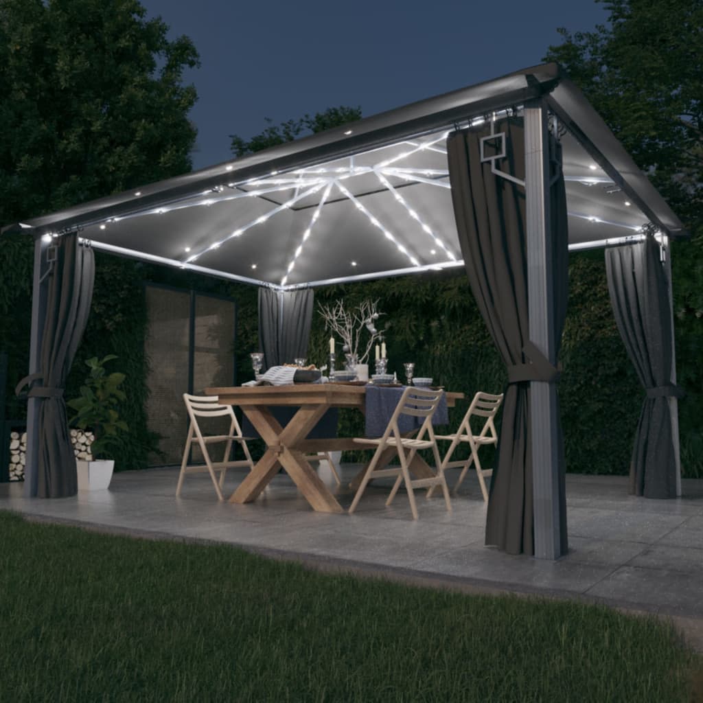 Pavillon mit Vorhängen & LED-Lichterkette 4x3 m Anthrazit Alu