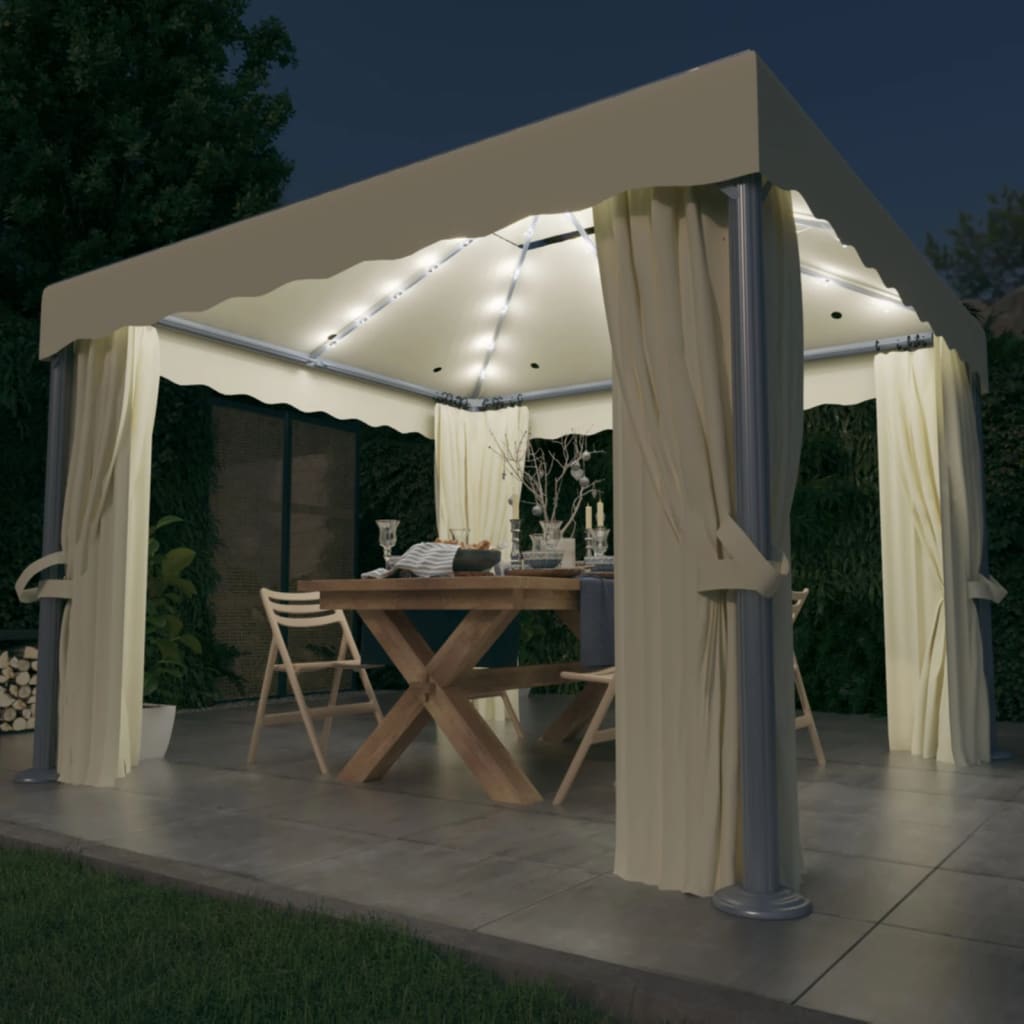 Pavillon mit Vorhängen & LED-Lichterkette 3x3 m Cremeweiß