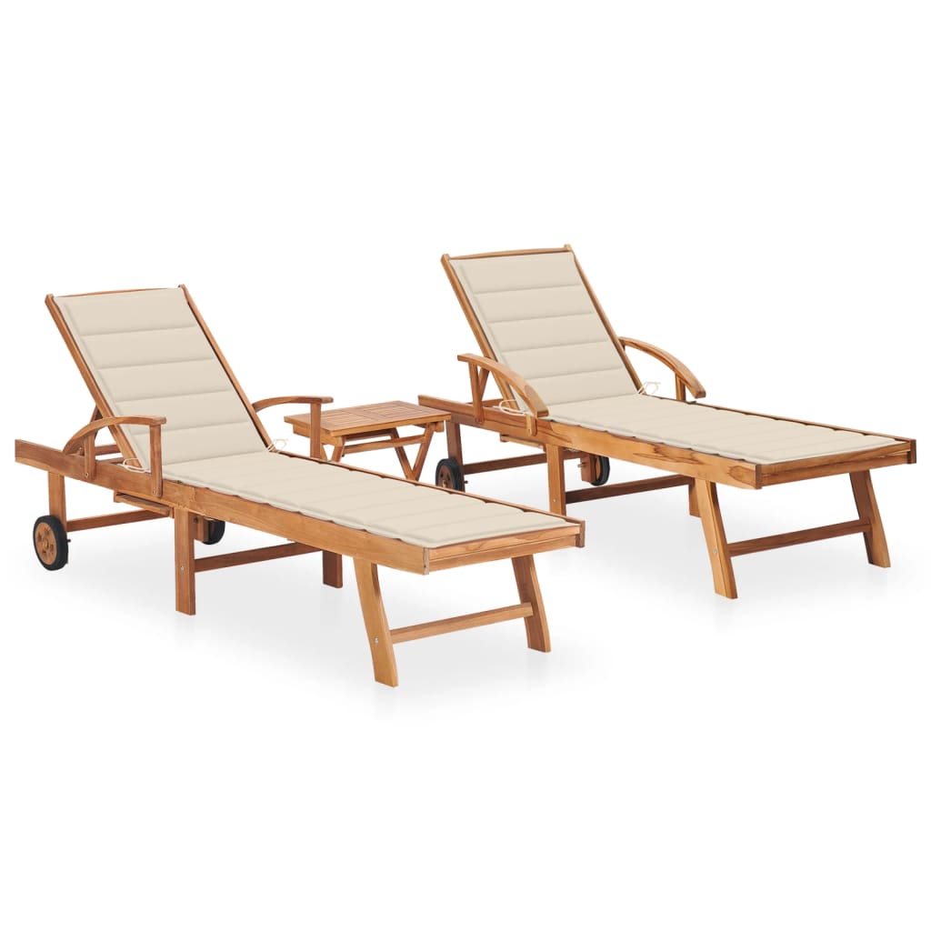 Sonnenliegen 2 Stk. mit Tisch und Auflagen Massivholz Teak