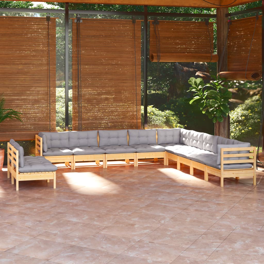 11-tlg. Garten-Lounge-Set mit Grauen Kissen Massivholz Kiefer