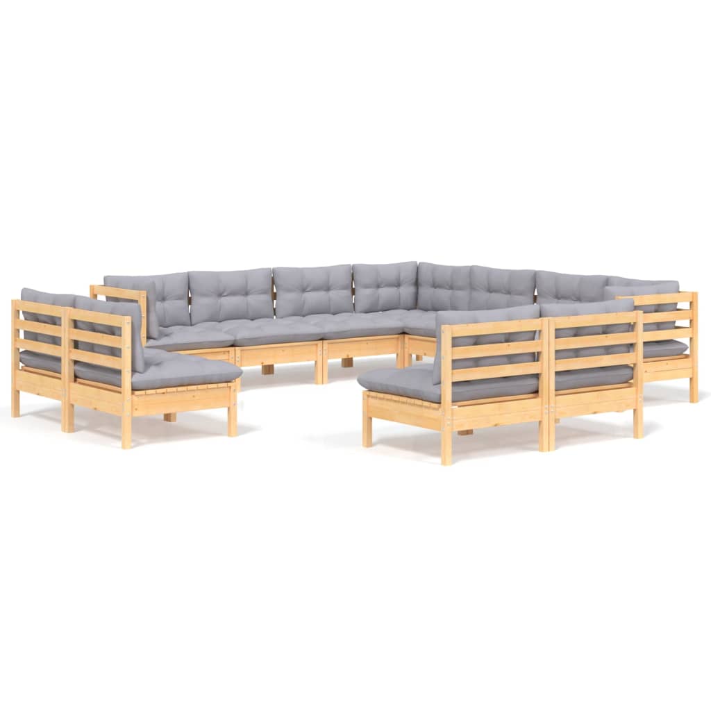 11-tlg. Garten-Lounge-Set mit Grauen Kissen Massivholz Kiefer