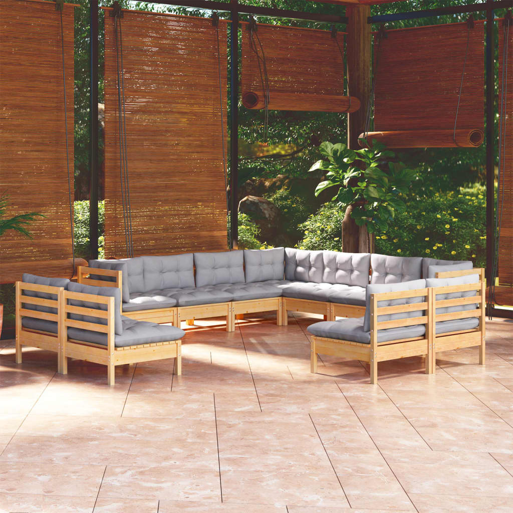 11-tlg. Garten-Lounge-Set mit Grauen Kissen Massivholz Kiefer