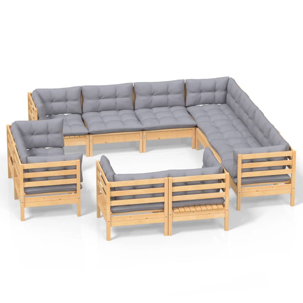 11-tlg. Garten-Lounge-Set mit Grauen Kissen Massivholz Kiefer