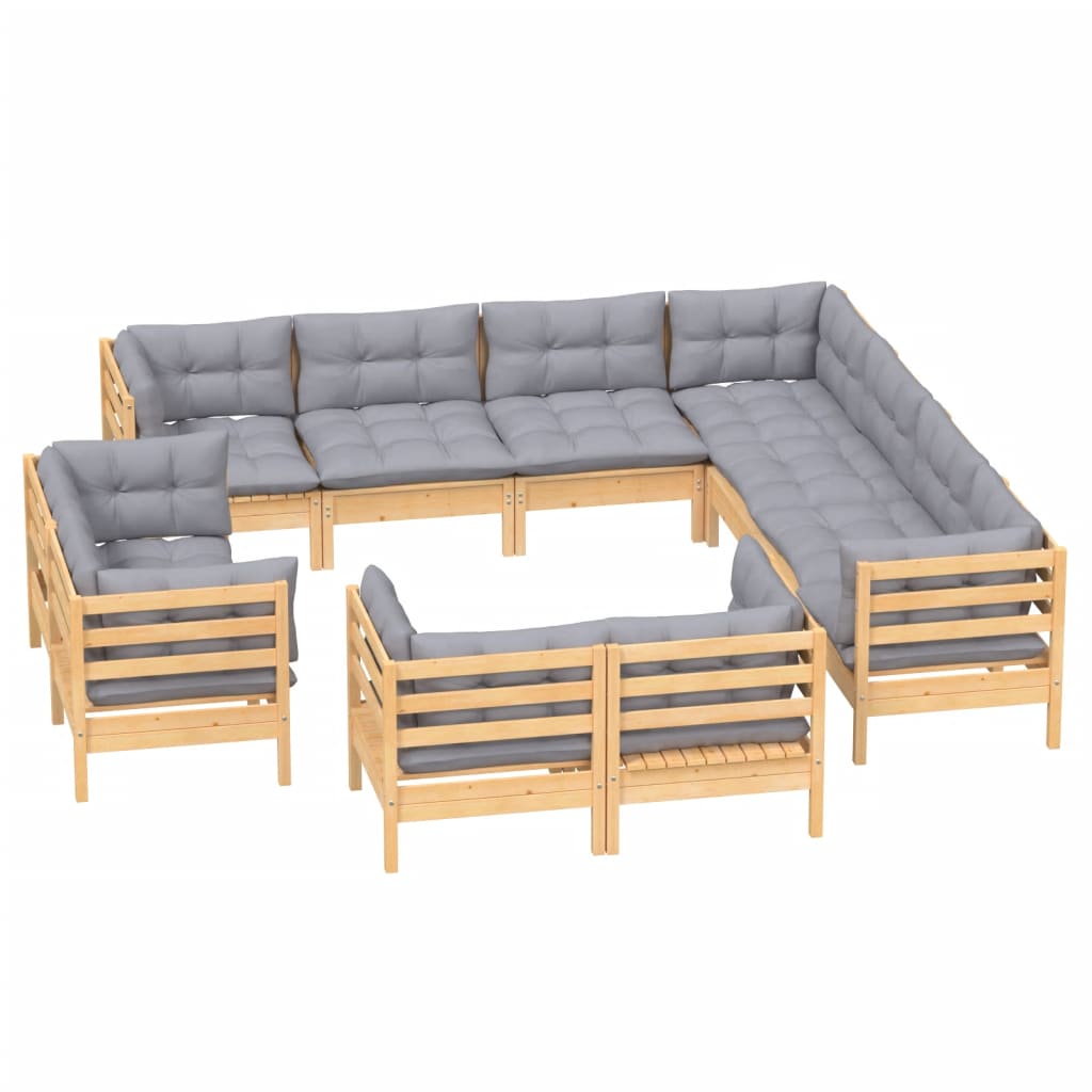 11-tlg. Garten-Lounge-Set mit Grauen Kissen Massivholz Kiefer