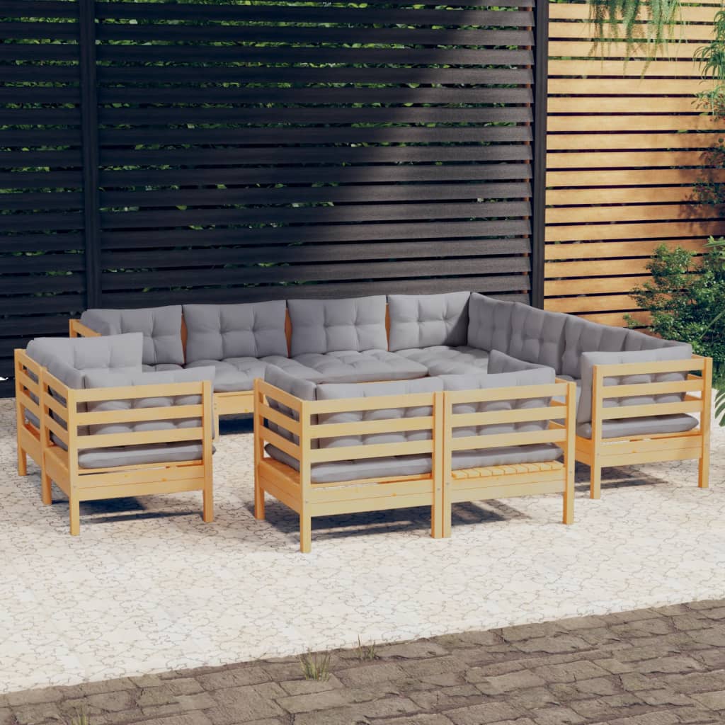 11-tlg. Garten-Lounge-Set mit Grauen Kissen Massivholz Kiefer