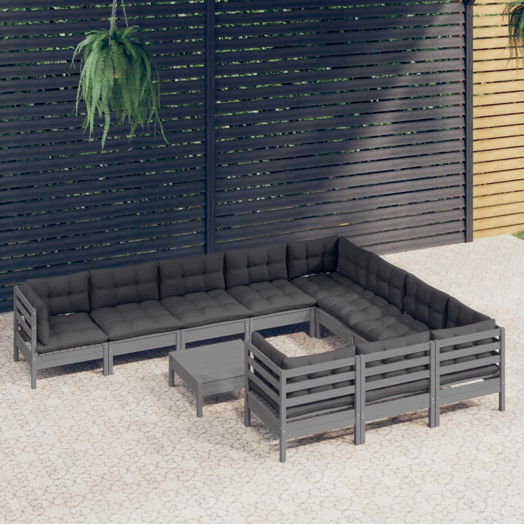 11-tlg. Garten-Lounge-Set mit Kissen Grau Kiefernholz