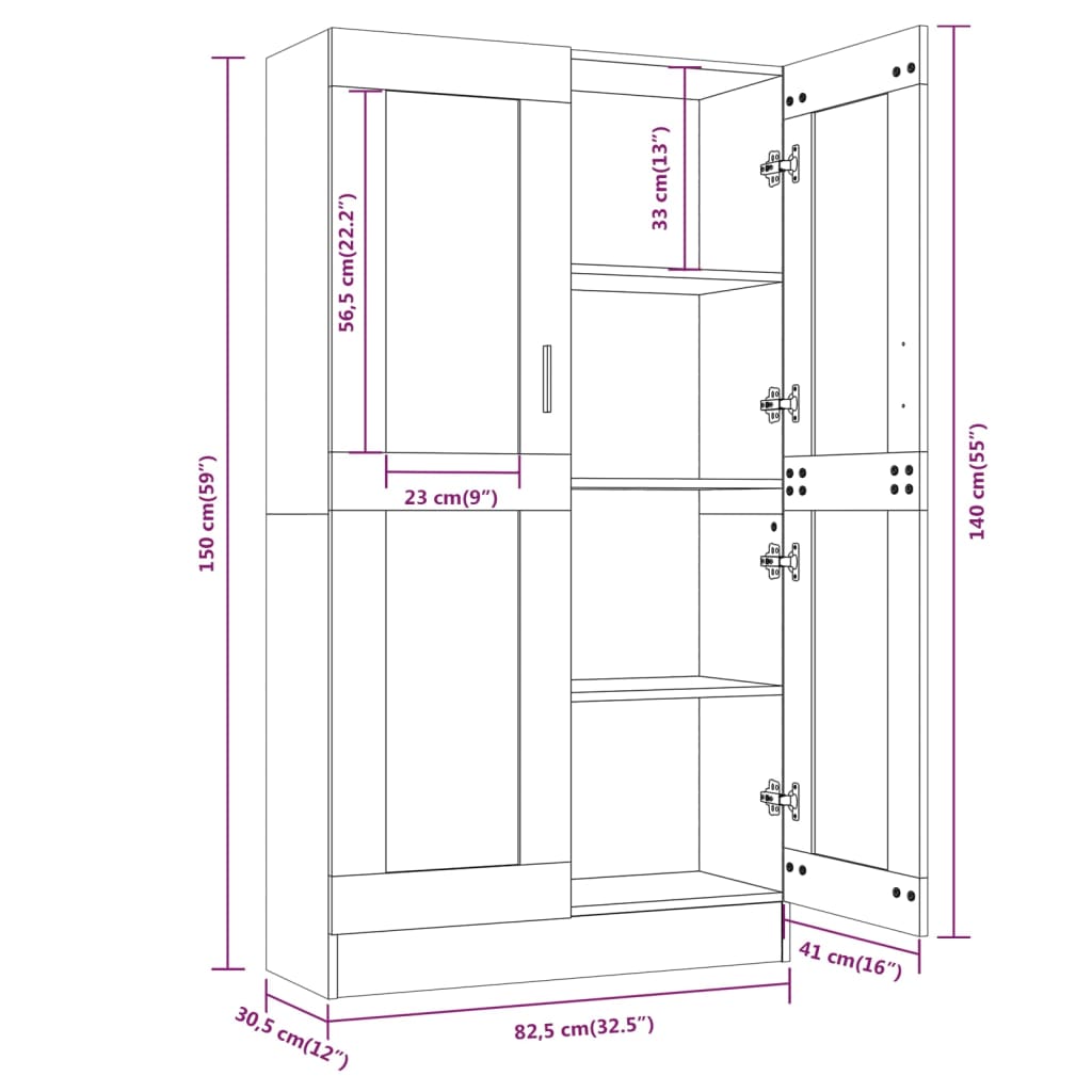 Vitrinenschrank Braun Eiche-Optik 82,5x30,5x150cm Holzwerkstoff