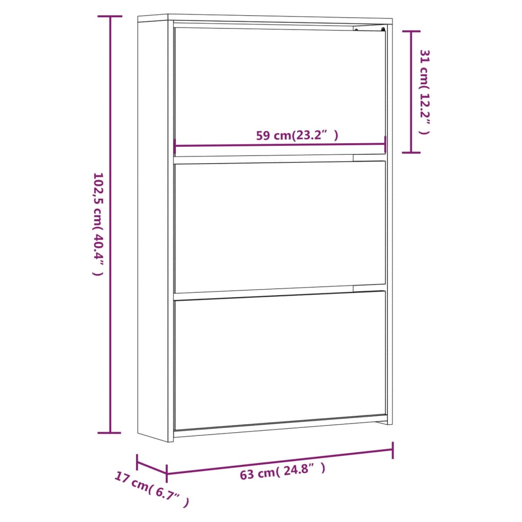 Schuhschrank mit Spiegel 3 Fächer Schwarz 63x17x102,5 cm