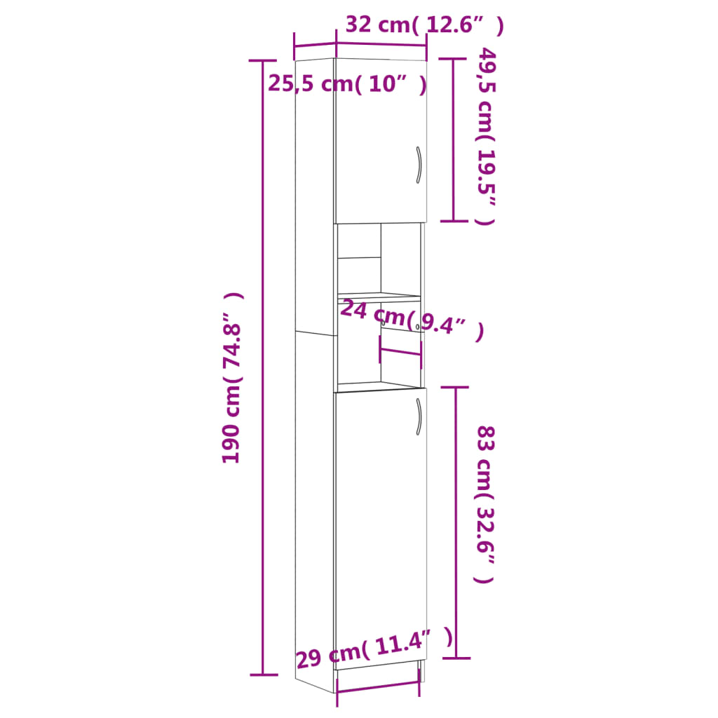 Badezimmerschrank Grau Sonoma 32x25,5x190 cm Holzwerkstoff