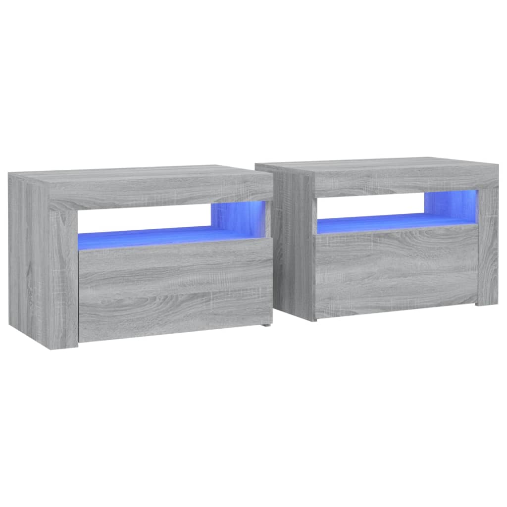 Nachttische 2 Stk. mit LEDs Grau Sonoma 60x35x40 cm