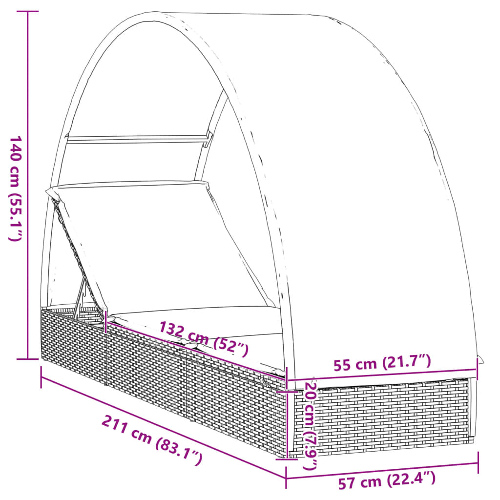 Sonnenliege mit Runddach Schwarz 211x57x140 cm Poly Rattan