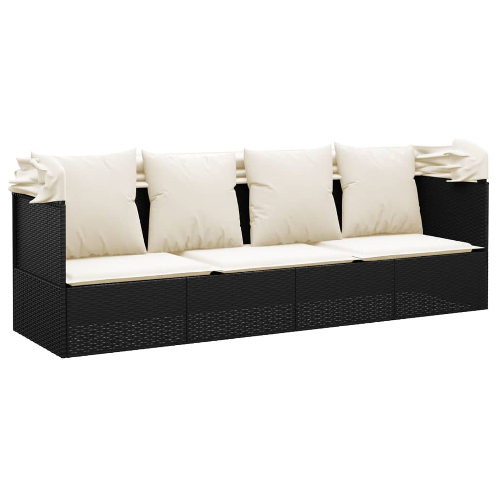 Outdoor-Loungebett mit Dach und Kissen Schwarz Poly Rattan