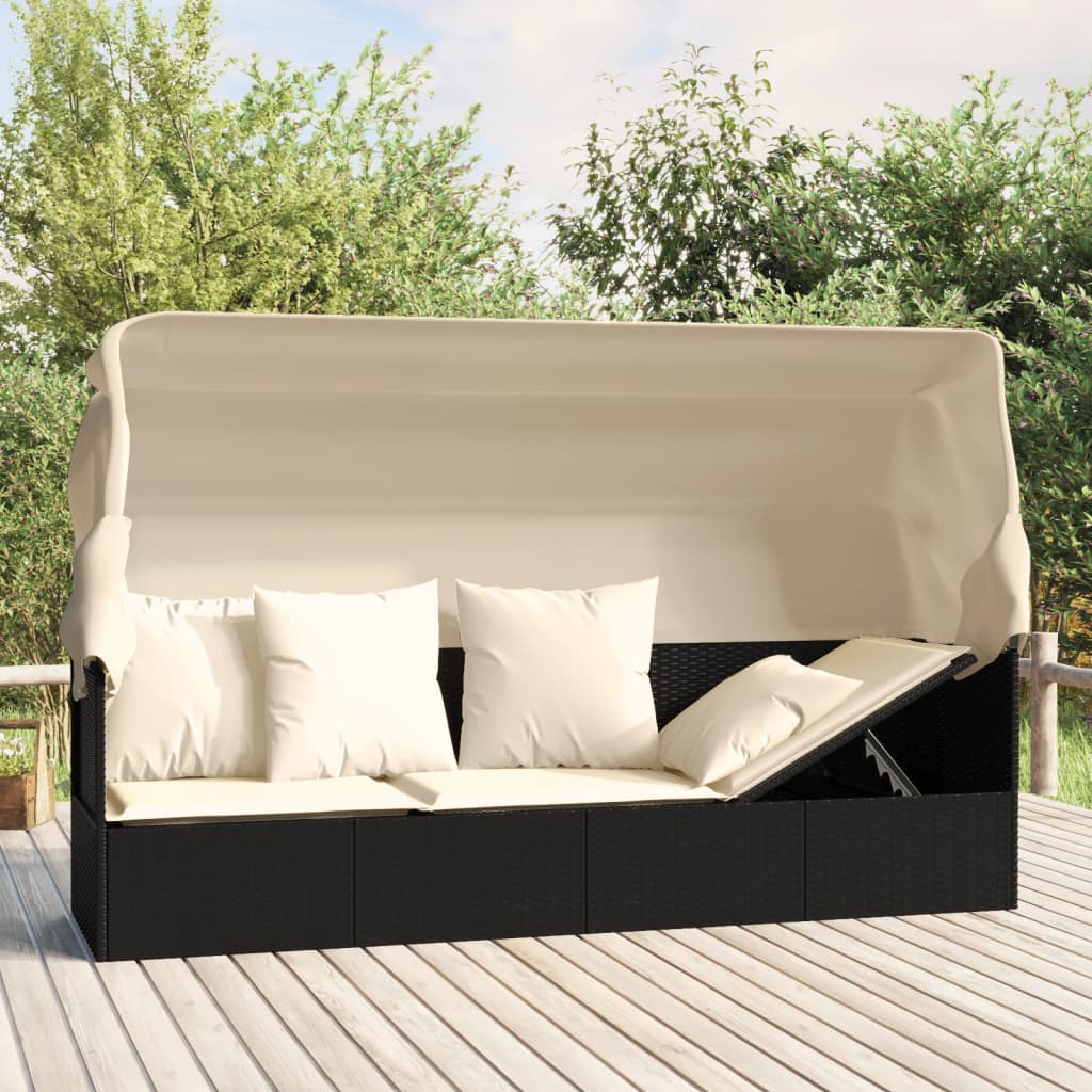 Outdoor-Loungebett mit Dach und Kissen Schwarz Poly Rattan