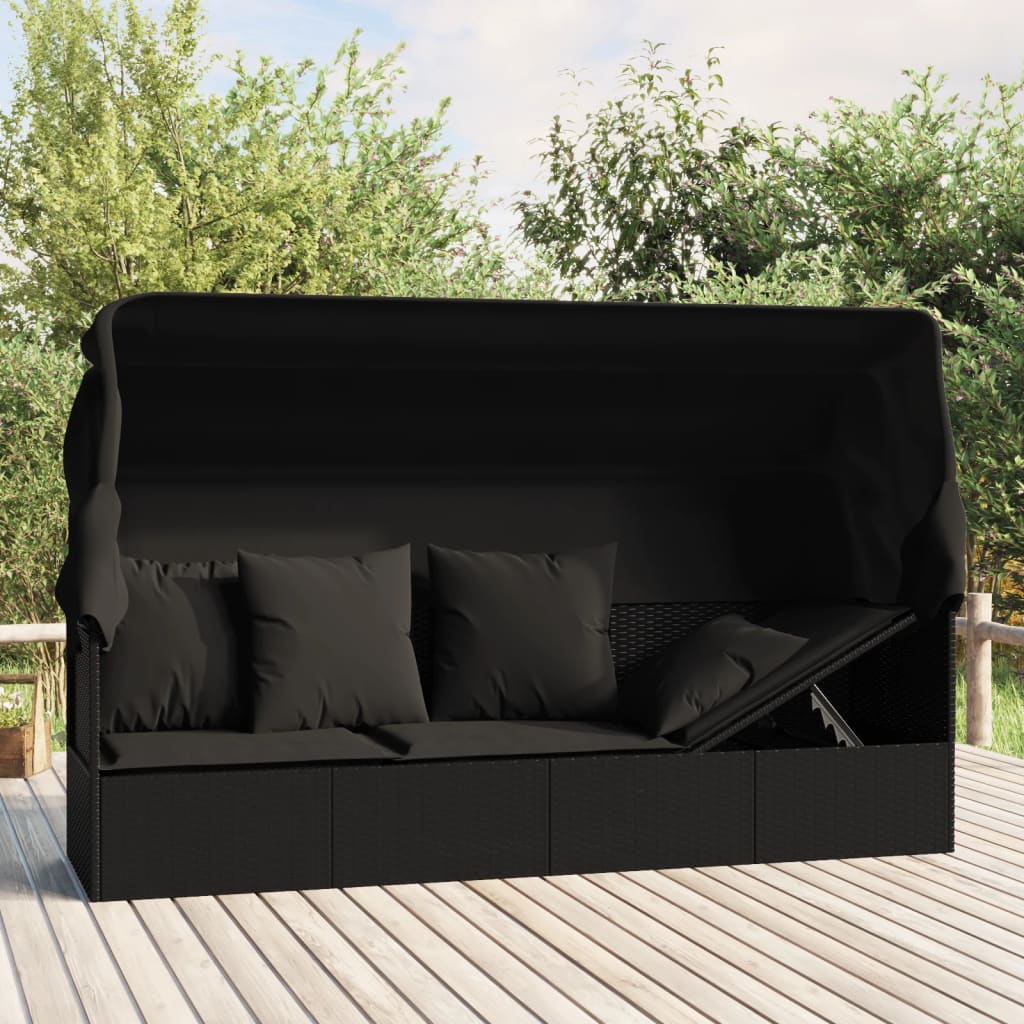 Outdoor-Loungebett mit Dach und Kissen Schwarz Poly Rattan