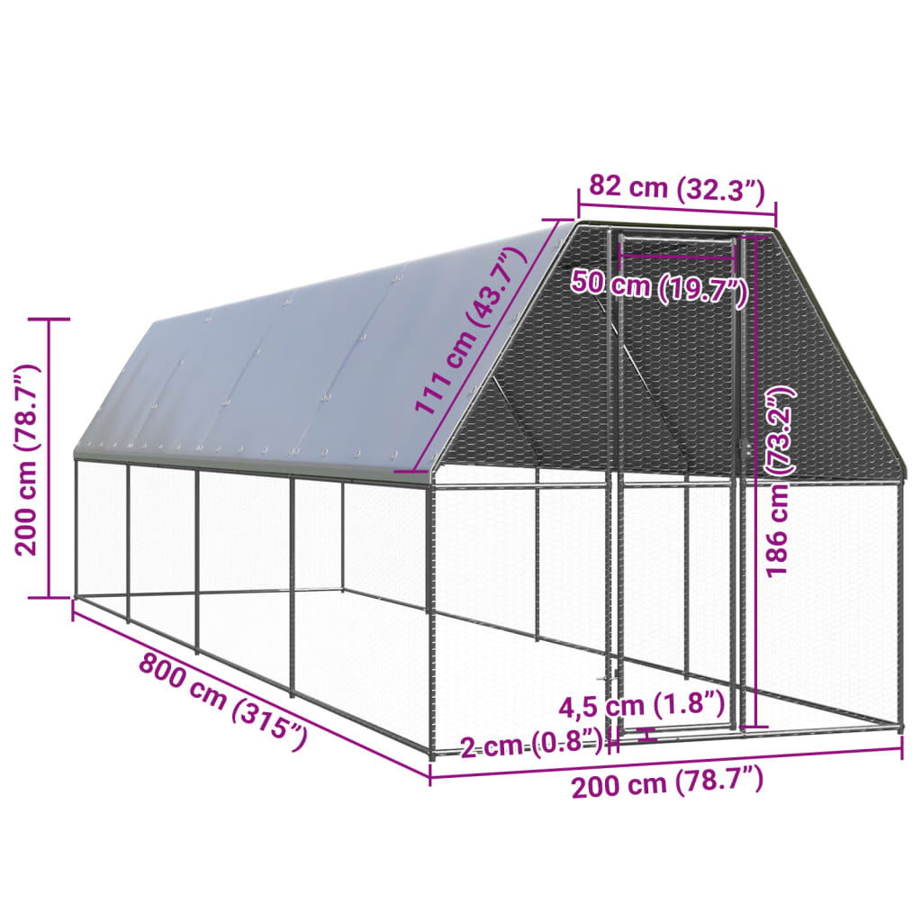 Outdoor-Hühnerkäfig 2x8x2 m Verzinkter Stahl