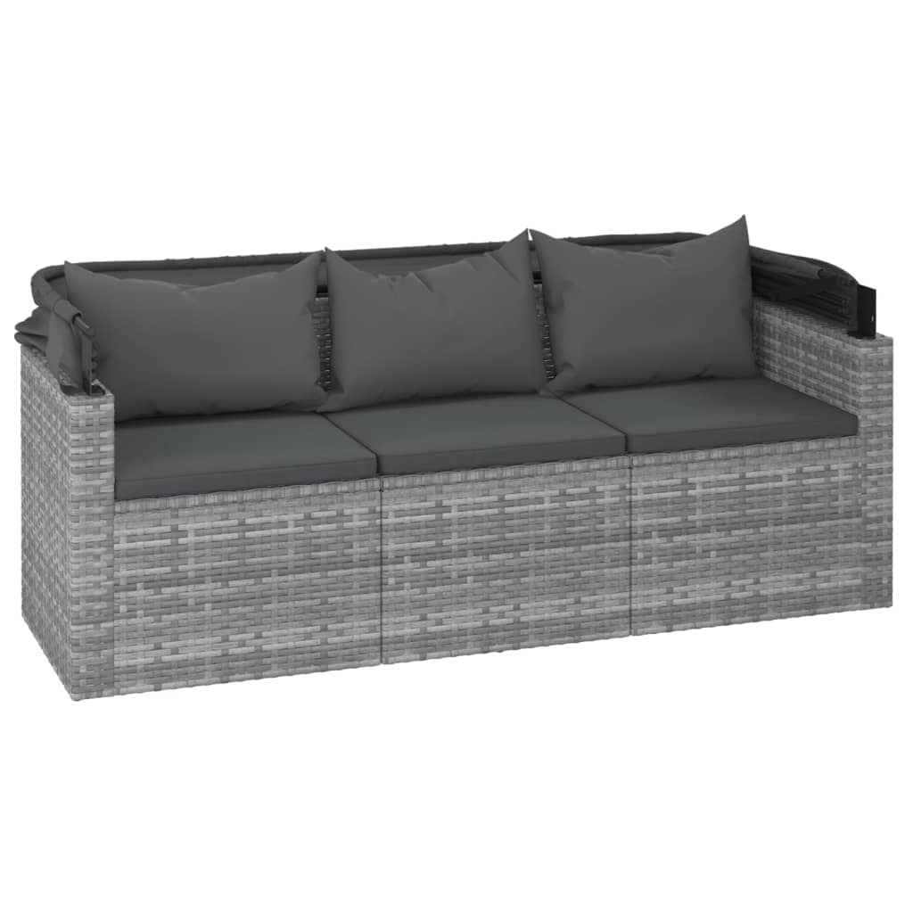 3-Sitzer-Gartensofa mit Dach und Fußhocker Grau Poly Rattan