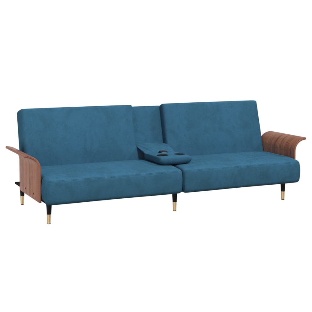 Schlafsofa mit Getränkehaltern Blau Samt