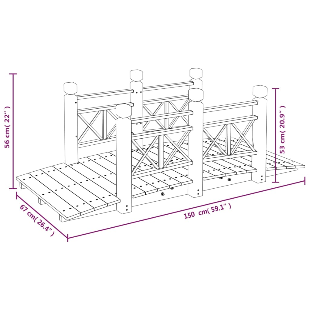 Gartenbrücke mit Geländer 150x67x56 cm Massivholz Fichte