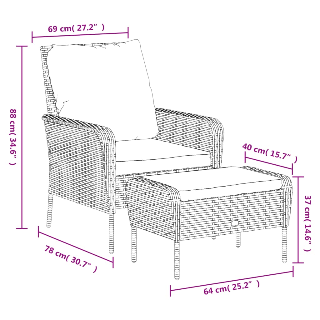 Gartenstuhl mit Fußhocker Schwarz Poly Rattan