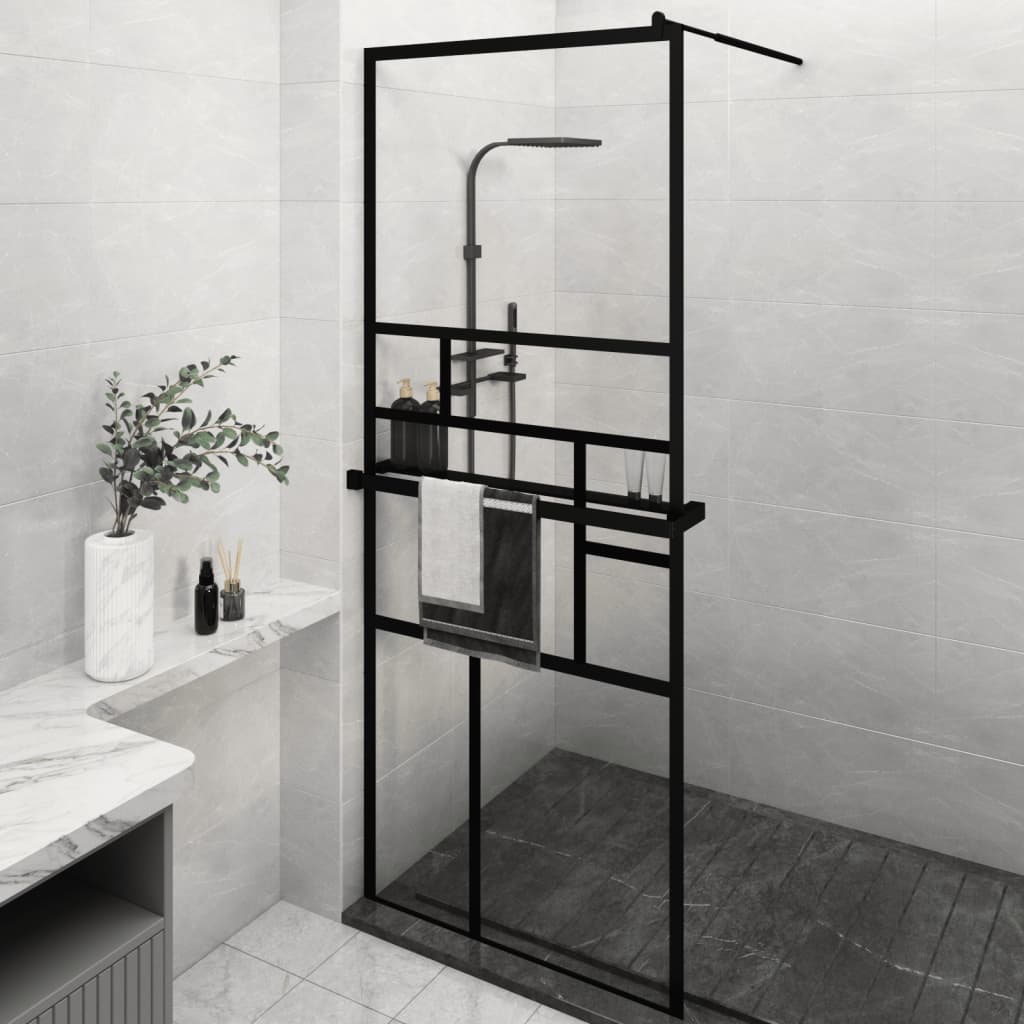 Duschwand mit Ablage für Walk-In-Dusche Schwarz 80x195 cm ESG