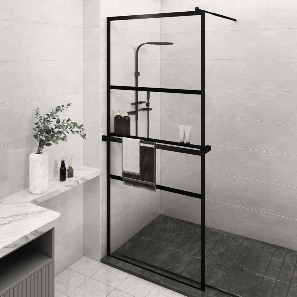 Duschwand mit Ablage für Walk-In-Dusche Schwarz 90x195 cm ESG