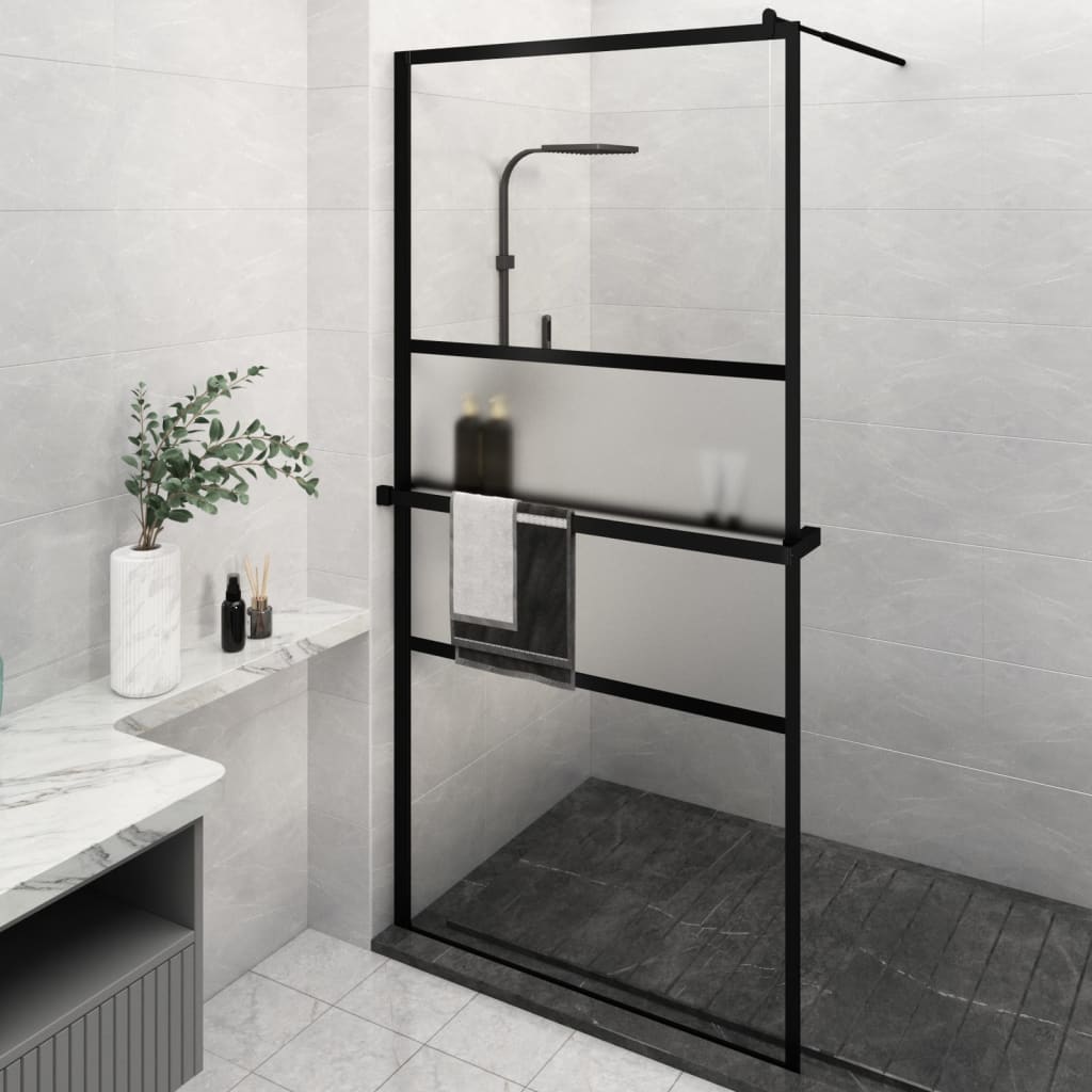 Duschwand mit Ablage für Walk-In-Dusche Schwarz 115x195 cm ESG