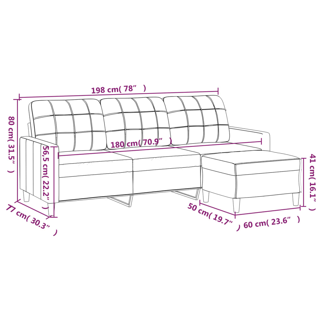 3-Sitzer-Sofa mit Hocker Weinrot 180 cm Stoff