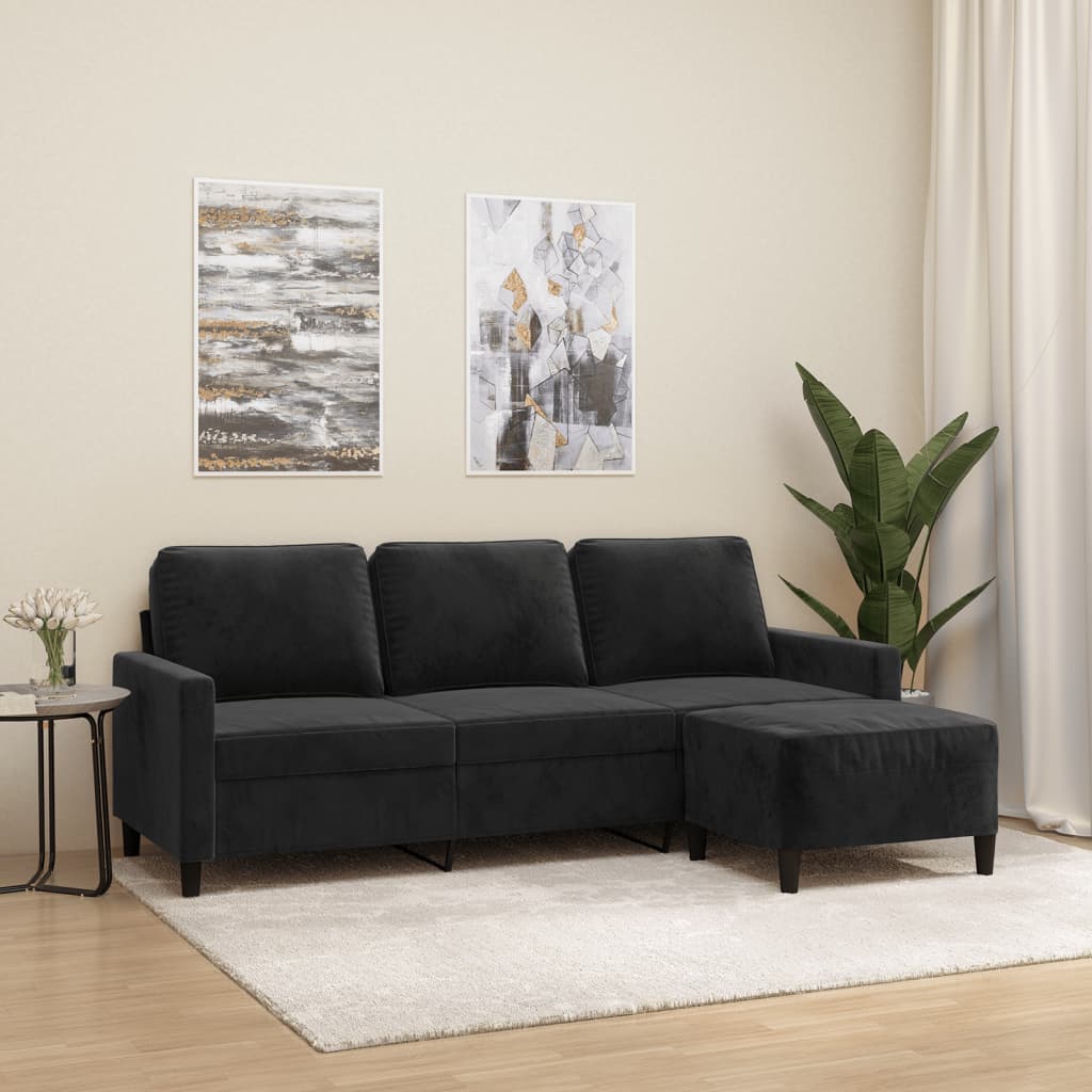 3-Sitzer-Sofa mit Hocker Schwarz 180 cm Samt