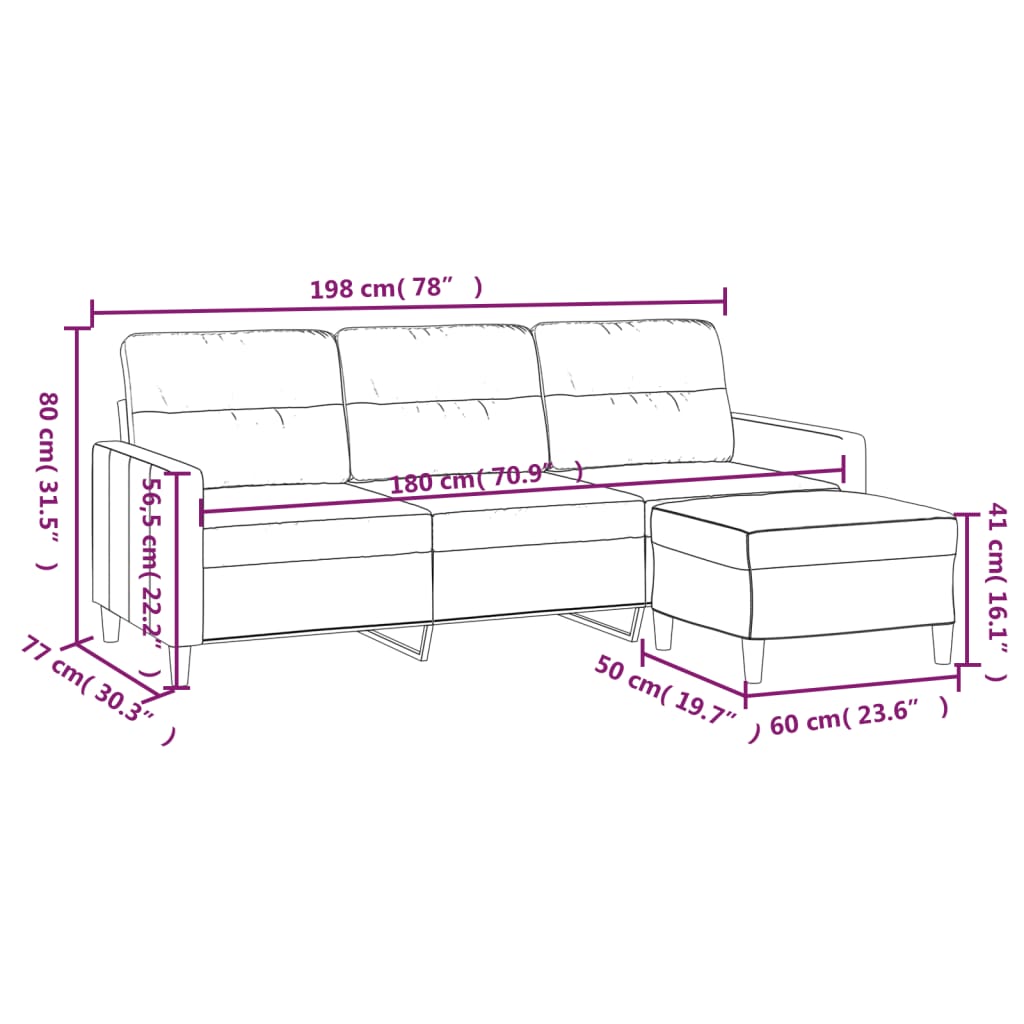 3-Sitzer-Sofa mit Hocker Creme 180 cm Stoff