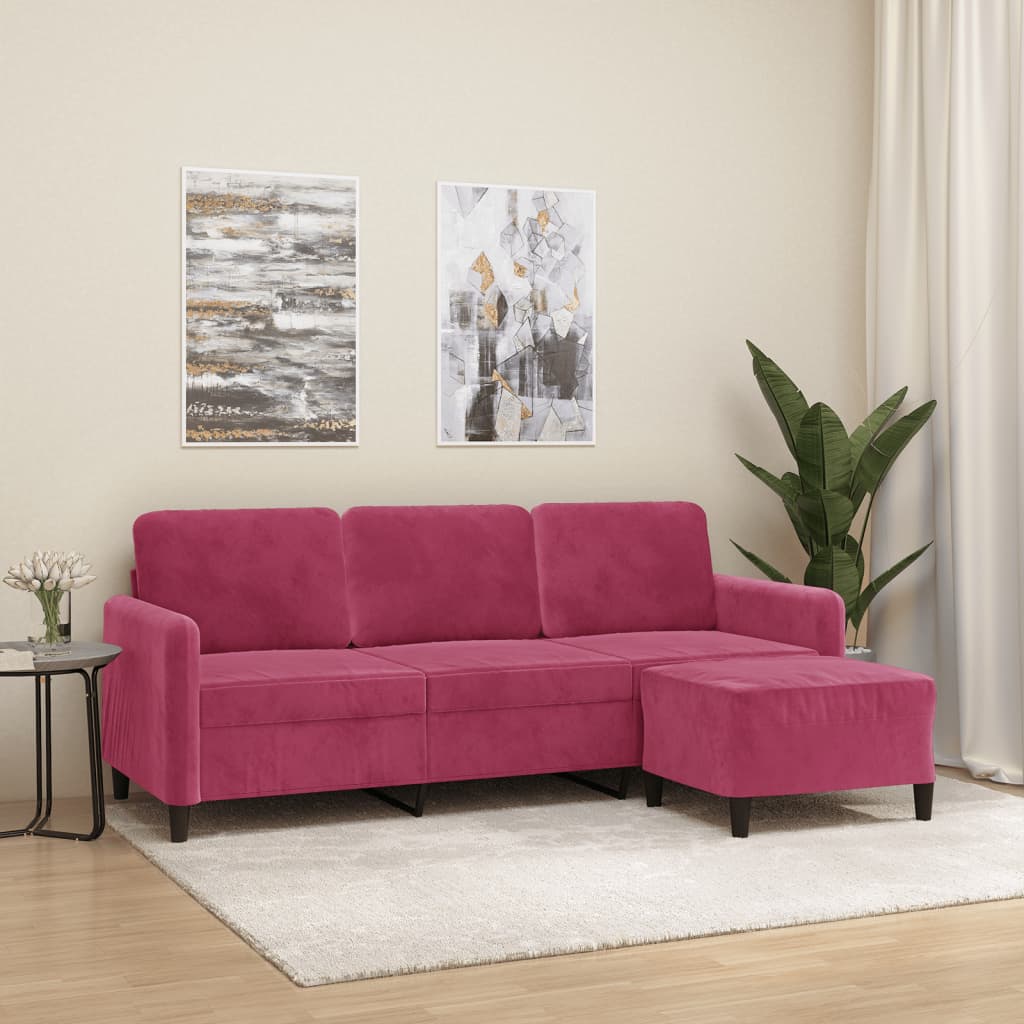 3-Sitzer-Sofa mit Hocker Weinrot 180 cm Samt