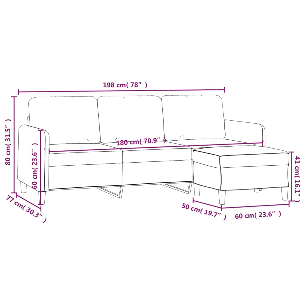 3-Sitzer-Sofa mit Hocker Schwarz 180 cm Samt