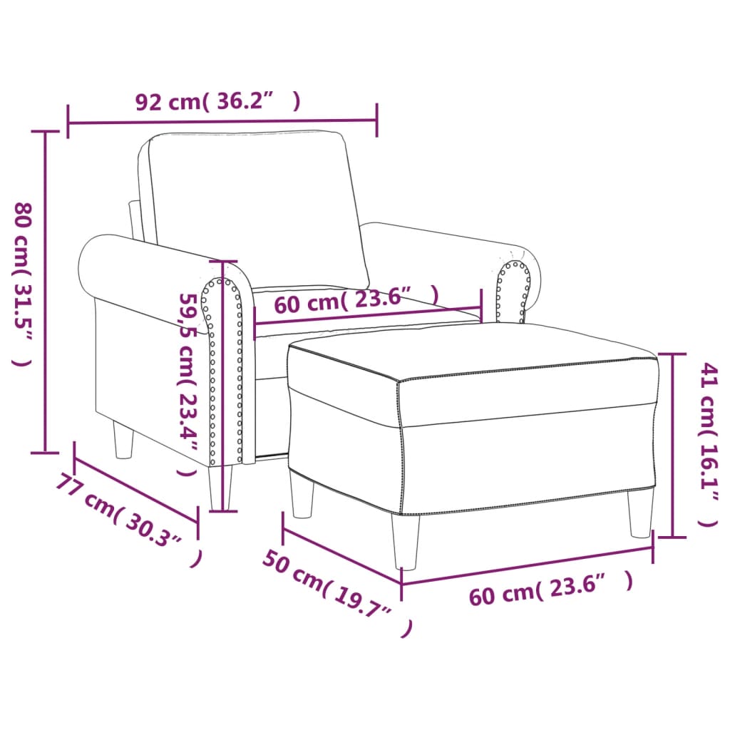 Sessel mit Hocker Hellgrau 60 cm Samt