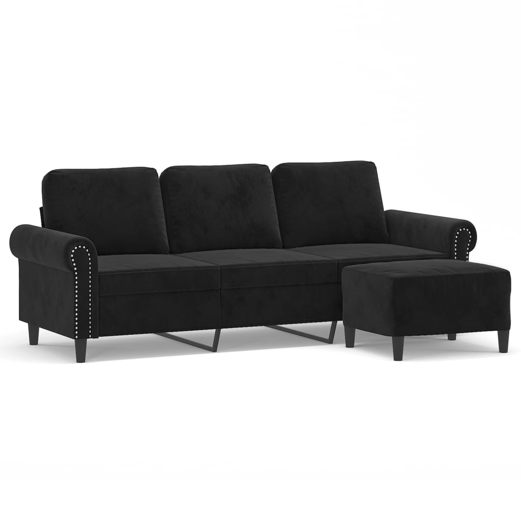 3-Sitzer-Sofa mit Hocker Schwarz 180 cm Samt