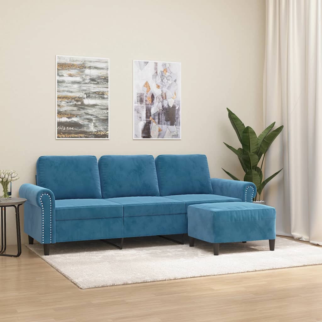 3-Sitzer-Sofa mit Hocker Blau 180 cm Samt